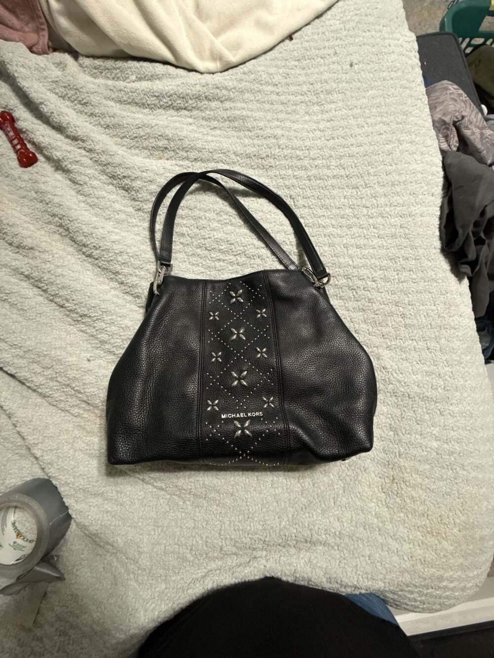 Michael Kors Black Pebbled Leather Studded Shoulder Bag